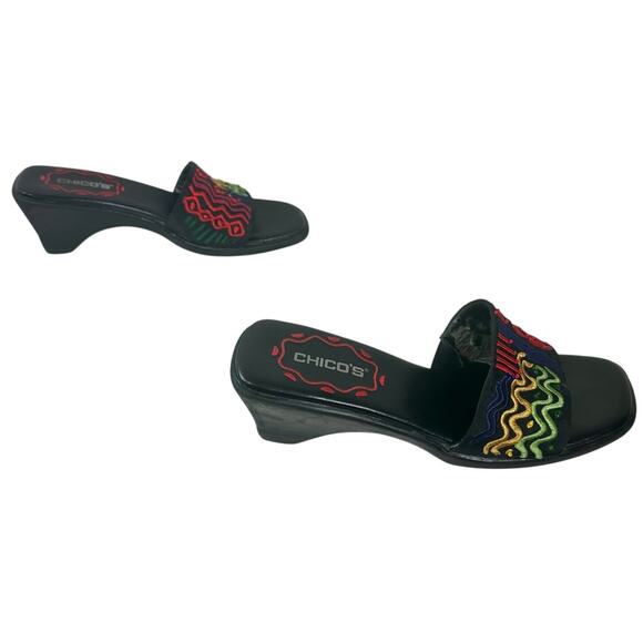 Chico's Women's Size 8M VTG 80s 90s Black Rainbow Embroidery Heeled Slides READ - Picture 3 of 11